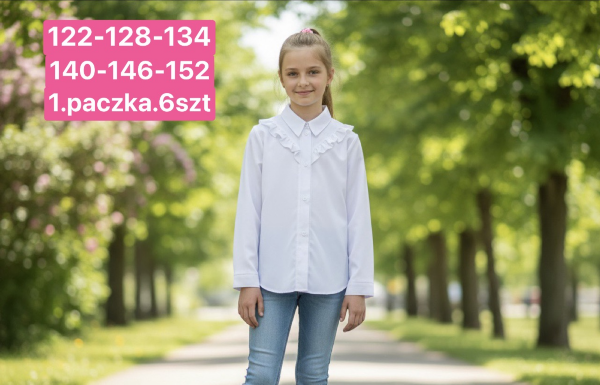 Koszule dziewczęce Roz 122-152, 1 kolor Paczka 6 szt